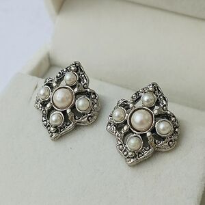 Maltese Cross Earrings Detailed Silvertone Vintage Clipon Signed